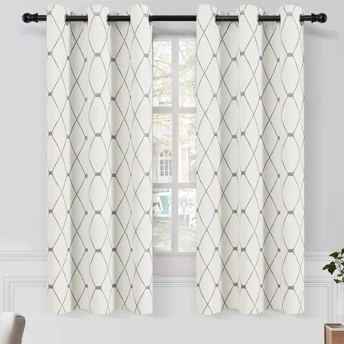 Vista 29 de Joywell Cortinas jacquard con ojales para sala de estar, 108 pulgadas de largo, línea ondulada negra con patrón de puntos, cortinas bordadas