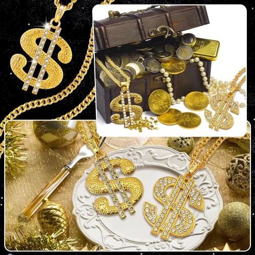 Vista 6 de Tatuo 2 piezas de cadena chapada para hombre con colgante de signo de dólar, collar de dólar hip hop