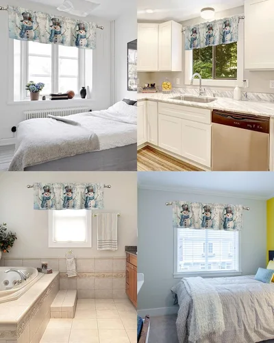 Vista 6 de Cortinas de cocina con muñeco de nieve azul para ventana de baño de cocina