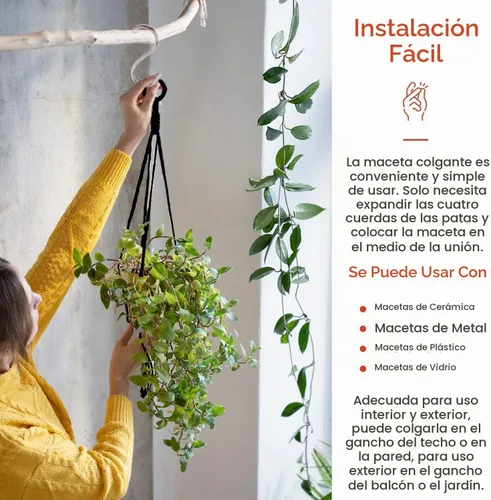 Vista 5 de Feedee Ganchos de macramé para plantas, paquete de 6, color negro, interior/exterior, algodón