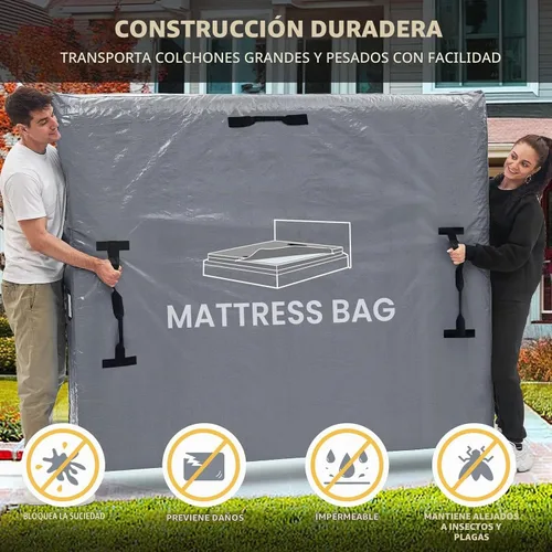 Vista 9 de Bolsas de colchón para mudanza y almacenamiento, protector de colchón impermeable, funda de colchón Cal King con 8 asas resistentes y cremallera Gris