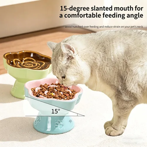 Vista 3 de Cuenco elevado de cerámica para gatos de alimentación lenta, lindo cuenco elevado para comida para mascotas, alimentador de rompecabezas para gatos