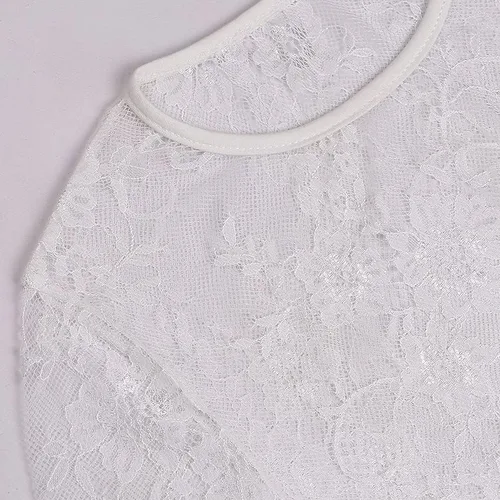 Vista 6 de Blusa corta de malla transparente para mujer, camiseta sexy con encaje y bordado