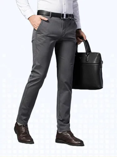Vista 4 de Banana Bucket Pantalones de vestir ajustados para hombre, pantalones chinos elásticos de color caqui, pantalones casuales planos con bolsillos