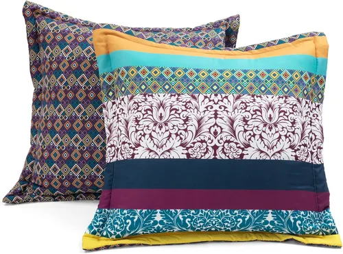 Vista 6 de Lush Decor Juego de edredón reversible de 7 piezas con rayas bohemias, tamaño King, color ciruela