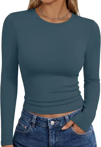 Vista 18 de Trendy Queen Camisetas de manga larga para mujer, camisetas básicas de Verde militar