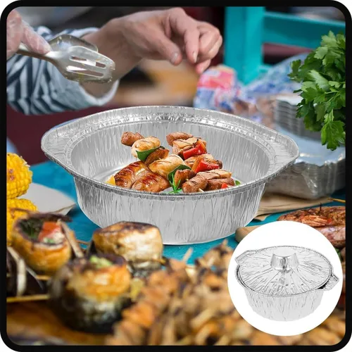 Vista 6 de Macetas desechables de aluminio con tapas, 12 unidades, 135.3 fl oz, plateadas, sin recubrimiento, aptas para horno y estufa, incluye tapas