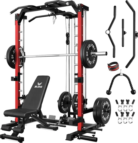 Vista 27 de JELENS SR01 Smith Machine, jaula de potencia multifunción de 2000 libras con sistema de extracción LAT, estante para sentadillas todo en uno