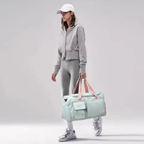 Vista 7 de Bolsa de Gimnasio Pequeña para Mujer, Bolsa de Lona de Viaje, Bolsa de Fin de Semana con Compartimento para Zapatos