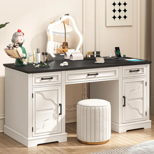 Vista 7 de Halitaa Farmhouse 55.1" Executive Desk with 3 Drawers, Vintage White Antique White