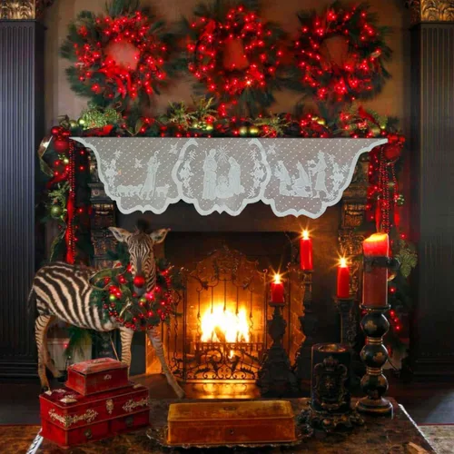 Vista 7 de Bufanda de Navidad para chimenea, cubierta de manto de pesebre de encaje blanco, guirnalda para decoración del hogar de vacaciones, sala de estar