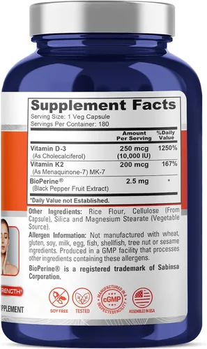Vista 2 de NusaPure Vitamina D3 y K-2, 10000 UI, 200mcg, 180 cápsulas vegetales - 180 porciones