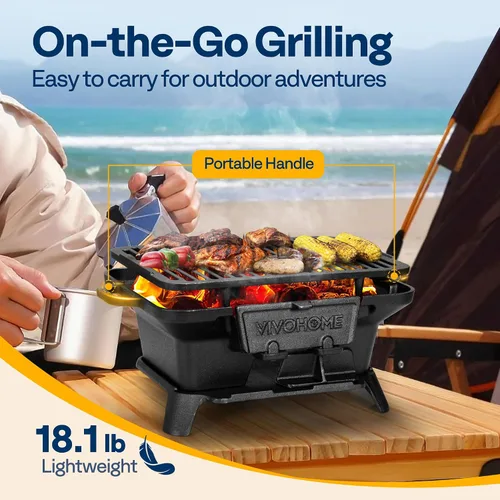 Vista 5 de VIVOHOME Parrilla de carbón rectangular de hierro fundido con rejilla de doble cara, parrilla de barbacoa portátil al aire libre, estufa de mesa