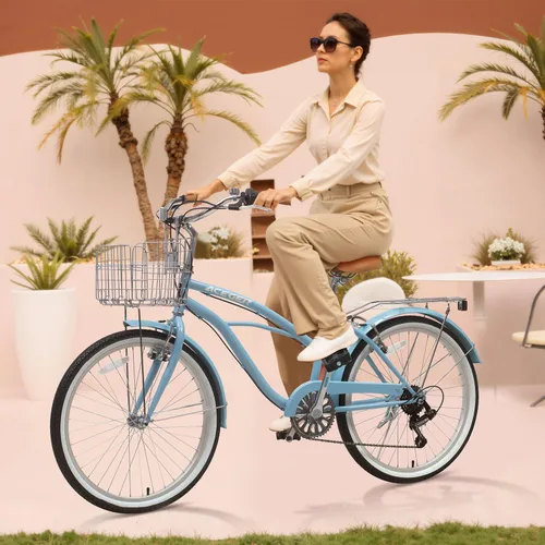 Vista 5 de ACEGER Girls Bike with Rattan Basket for 10+ Years, 24" 26" 1 & 7 Speed Comfort Commute Bicycle, Included Dual Brakes & Seat Rack, Adjustable