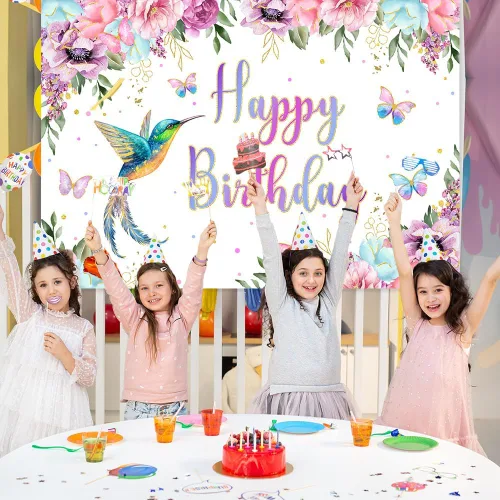 Vista 7 de MEHOFOND Fondo de cumpleaños de colibrí de 7 x 5 pies, fondo floral de acuarela de primavera para niña, suministros de fiesta de primer cumpleaños