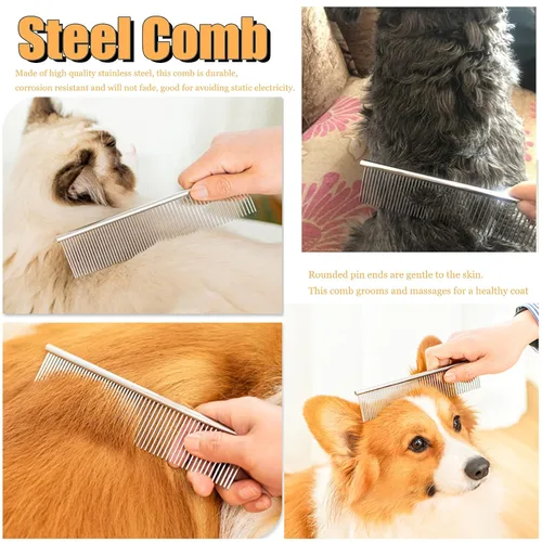 Vista 5 de Rastrillo de aseo para perros de pelo largo, rastrillo de dientes largos + peine de acero inoxidable para perros, juego de herramientas