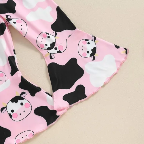 Vista 97 de fhutpw Conjunto de camiseta de manga corta con estampado de vaca y pantalones acampanados de dibujos animados para niñas