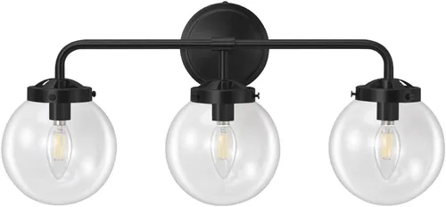 Vista 9 de Lámparas de Tocador de Baño Negras Sobre Espejo, Aplique de Pared Moderno Negro Mate de 3 Luces con Pantalla de Bola de Vidrio Transparente, Luces