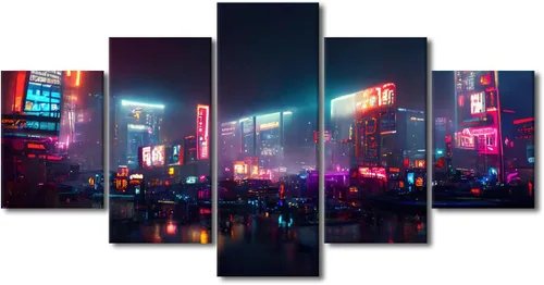 Vista 45 de Póster de 5 paneles en lienzo para decoración de pared, diseño de centro urbano Cyberpunk, impresión moderna, decoración de pared para el hogar