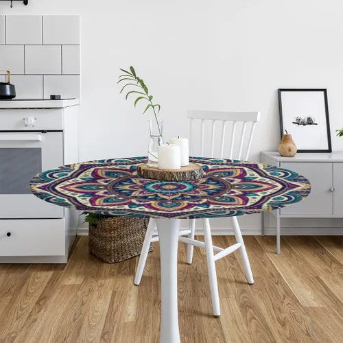 Vista 7 de Pardick Mantel Redondo Ajustable de Mandala Bohemia, Cubierta de Tela Redonda, Mantel Impermeable Antiarrugas con Borde Elástico, Decorativo