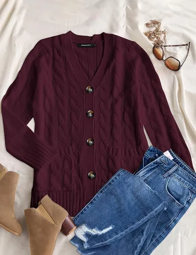 Vista 6 de MEROKEETY - Suéter de punto trenzado y manga larga para mujer, estilo cárdigan abierto al frente, con botones, para otoño, ropa de exterior holgada