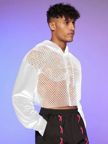 Vista 3 de Floerns Sudadera corta con capucha y cordón para hombre, manga larga, hombros caídos, con cordón