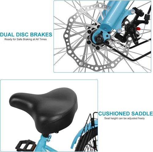 Vista 5 de Triciclo para adultos de 7 velocidades, bicicletas de 3 ruedas de 24 pulgadas, bicicleta de triciclo para adultos con cestas extraíbles, bicicleta