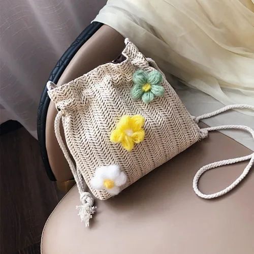Vista 3 de Bolso de paja para mujer, estético, lindo, tejido cruzado, cubos, bolsas de hombro, cesta pequeña, bolsa de playa, bolso de paja de verano