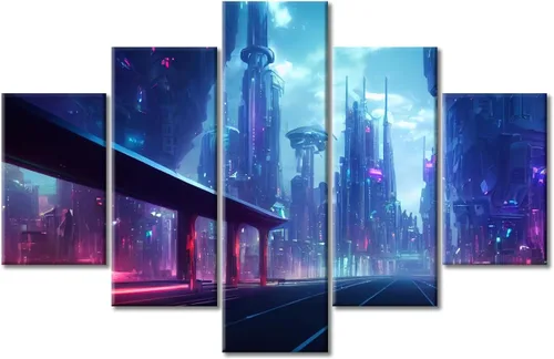 Vista 121 de Cuadros de 5 paneles de Cyberpunk City, arte de pared, representación de vallas publicitarias, edificios modernos en la capital con obras de arte