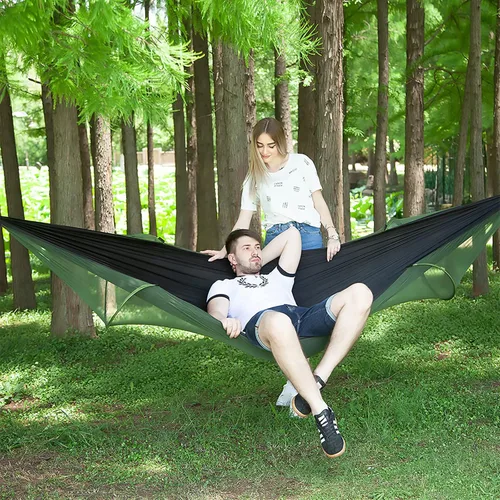 Vista 9 de LFL Hamaca de camping con mosquitero, hamacas con correas de árbol de 13 pies y mosquetones, hamaca portátil automática de apertura rápida para Negro