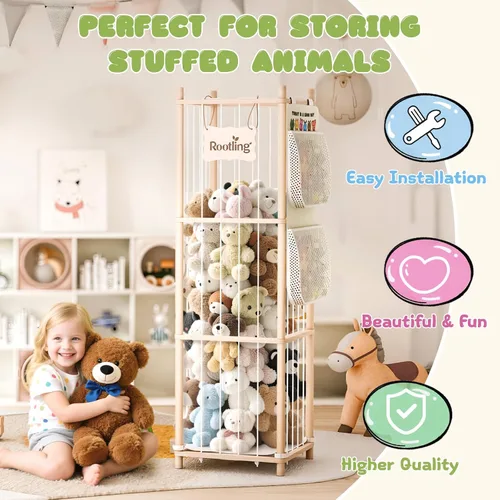 Vista 5 de Almacenamiento y organizador de animales de peluche, soporte de madera de 54 pulgadas de alto para juguetes de zoológico con bolsa de almacenamiento