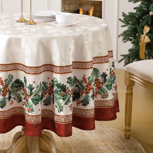 Vista 8 de Softalker Mantel Cuadrado de Jacquard Navideño, Mantel Impermeable Vintage de Invierno con Acebo, Cubierta de Mesa de Tela Estilo Granja Navideña
