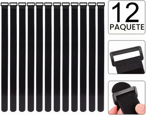 Vista 8 de Brida de cables de 1.5 x 24 pulgadas, paquete de 12 correas adhesivas de sujeción ajustable resistente con hebilla de anillo en D de plástico