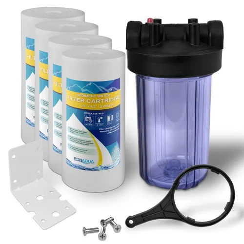 Vista 12 de Sistema purificador de filtro de agua transparente de alta capacidad de 10 x 4.5 pulgadas para toda la casa con botón de alivio de presión, puerto
