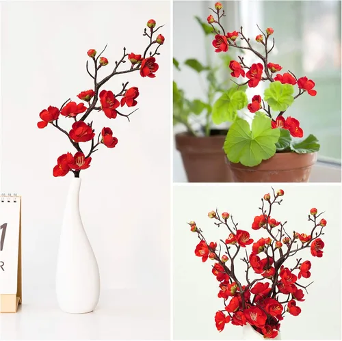 Vista 5 de LIUCOGXI 4 ramos de flores artificiales rojas de seda con ramas de flor de ciruelo de tacto real, sin tallo para mesa, ramo de boda, decoración