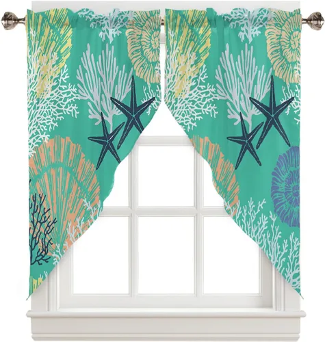 Vista 42 de Cenefa de amarre para ventanas, cortinas náuticas costeras de coral, cenefas con bolsillo para barra, cortinas de ventana con temática de playa