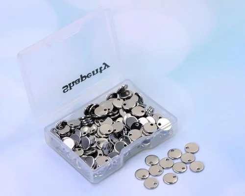 Vista 2 de Shapenty Dije pequeño redondo de acero inoxidable plano en blanco para estampado, mini discos a granel para pulseras, aretes, collares, dijes