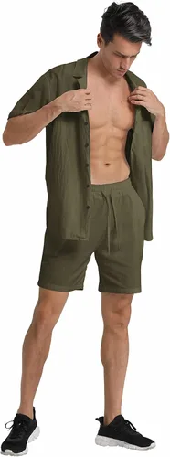 Vista 4 de RPOVIG Conjunto corto de camisa de lino: conjunto casual de 2 piezas con botones para hombre