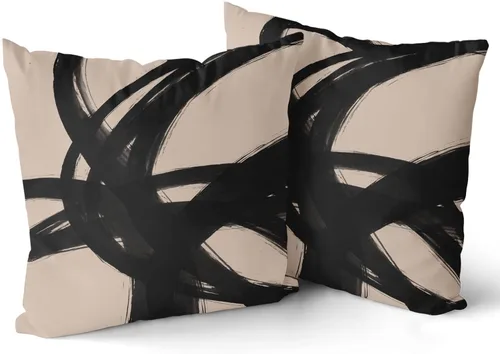 Vista 2 de Juego de 2 fundas de almohada de línea de arte abstracto negro y marrón de 16 x 16 pulgadas, juego de 2 fundas de almohada decorativas con estampado