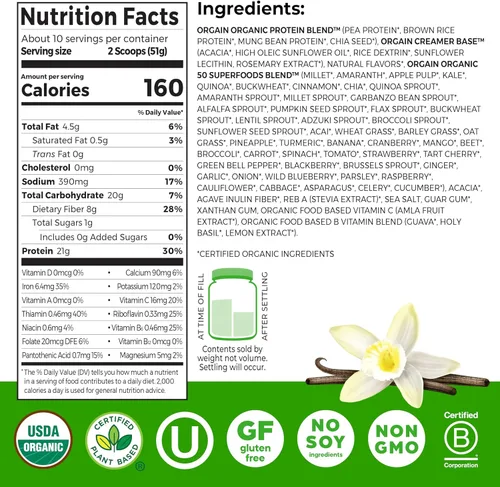 Vista 2 de Orgain proteína orgánica a base de plantas + polvo de superalimentos Plant based protein, 50 superfoods, 8g prebiotic fiber, gluten free, no added