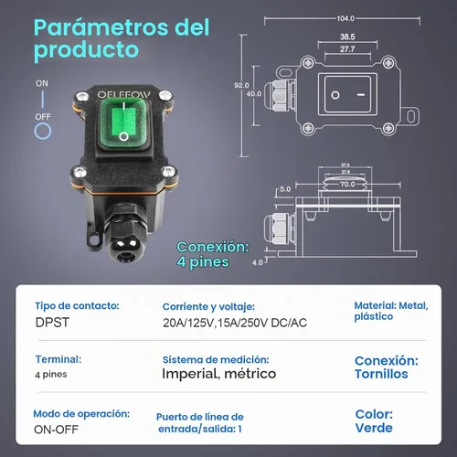Vista 2 de Interruptor de palanca de encendido y apagado impermeable con botón basculante de luz verde, interruptor de cable en línea DPST AC/DC 20A-125V