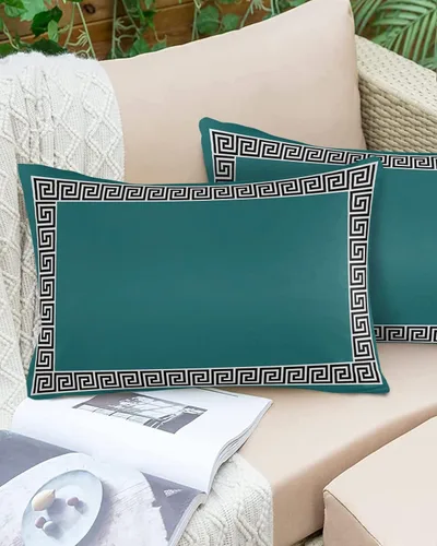 Vista 12 de Fundas de almohada modernas geométricas impermeables para exteriores, diseño abstracto de clave griega, color negro, blanco, fundas de cojín Beige