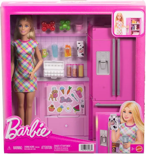 Vista 4 de Barbie Barbie's Kitchen Doll and Kitchen Set with Fridge and 10 Accessories Including Food, Plus Sticker Sheet, JKB52