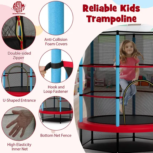 Vista 6 de Goplus Trampolín de 55 pulgadas para niños, cama elástica para niños con red de seguridad, diseño sin costuras, mini rebote recreativo