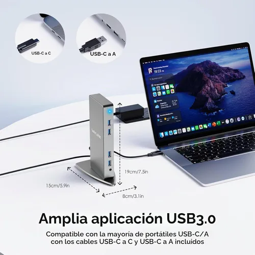 Vista 7 de [Usado] Estación de acoplamiento DisplayLink de doble monitor, WAVLINK 14 en 1 USB-C/A para laptop con HDMI 2x5K, DP 2x5K, Ethernet de 1000 Mbps, 6