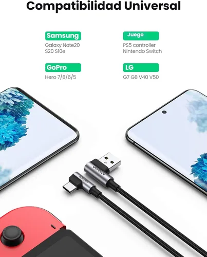 Vista 5 de UGREEN Cable USB a USB C de 90 grados, cable de carga rápida USB C compatible con iPhone 17/16/16 Plus/16 Pro/16 Pro Max/15/Samsung Galaxy