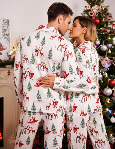 Vista 4 de Ekouaer - Conjunto de pijama de manga larga y botones, motivos navideños a juego para la familia, tallas de la S a la XXL