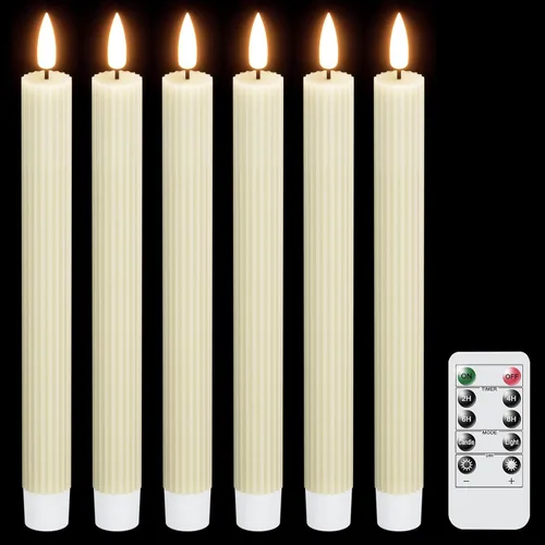 Vista 11 de Velas cónicas parpadeantes verdes sin llama que funcionan con pilas con control remoto de 10 teclas y temporizador, 6 paquetes de velas LED de cera