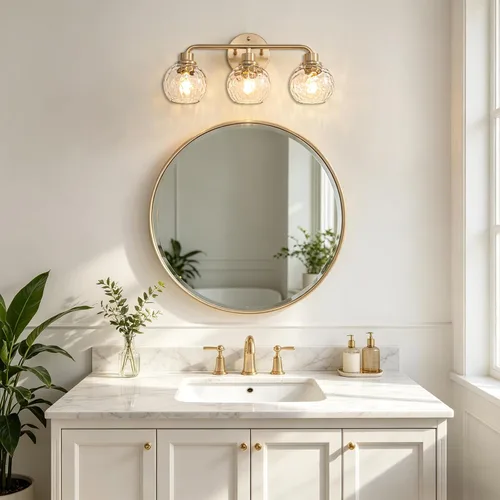 Vista 3 de Lámparas de baño doradas para tocador, 3 luces, apliques de pared, luces de latón cepillado con pantalla de vidrio martillado, lámpara de pared