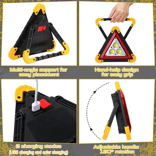 Vista 4 de Huquary Triángulo LED de advertencia de emergencia, recargable portátil intermitente LED triangular de advertencia con 4 modos, luz de peligro